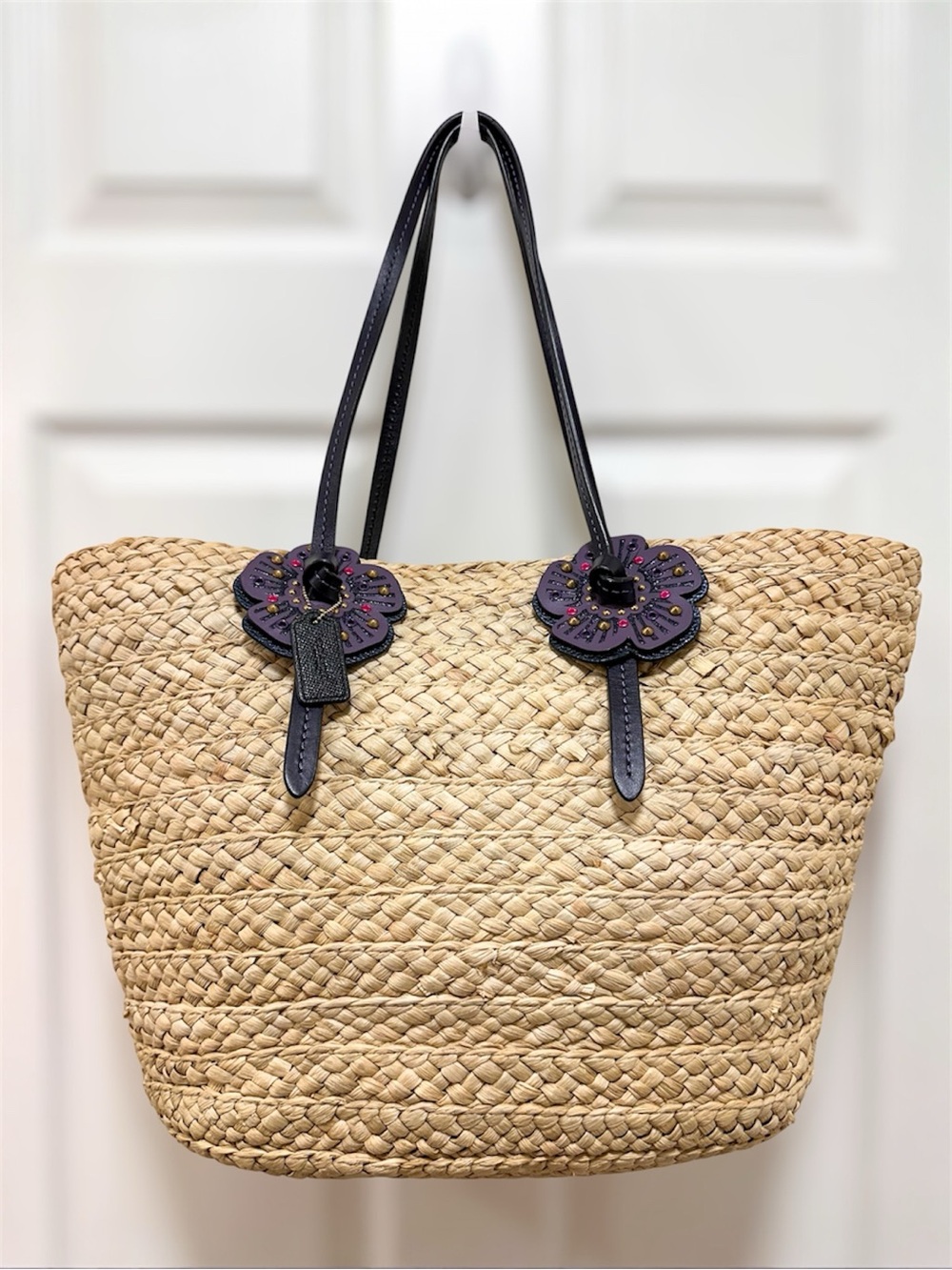 Coach Tea Rose Extra Large Woven Straw Summer Tote Leather Trim Shoulder Bag